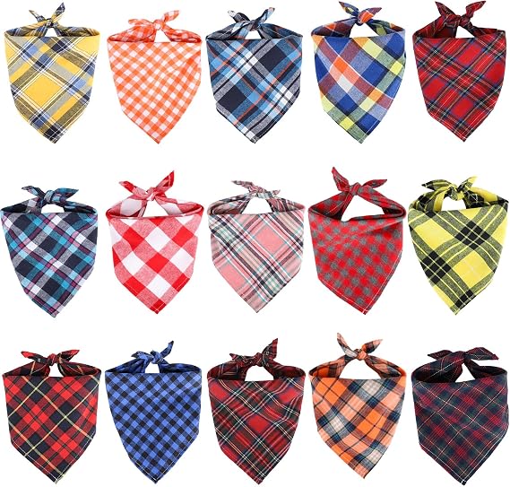 Segarty 15 Pack Triangle Plaid Dog Bandanas, 22.8"x15.7" Pet Scarf Washable Bibs Accessories Bulk for Small Medium Dogs Cats Large Puppy, Adjustable Reversible Boy Pets Birthday Kerchief