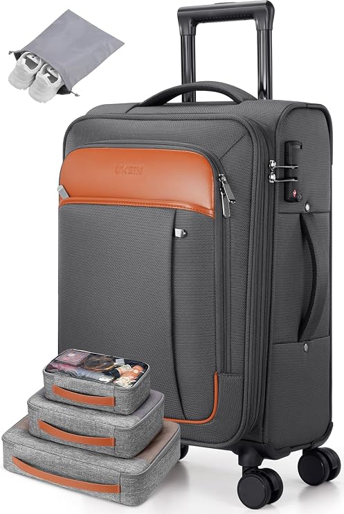 UKEIN Expandable Carry On Luggage 22x14x9 Airline Approved, 20Inch Softside Carry On Suitcase with Wheels & TSA Lock, Travel Suitcase with 4-Piece Packing Bags for Women Men (Grey, Carry on (20in))