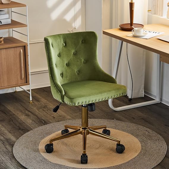 VINGLI Olive Green Velvet Armless Office Desk Chair with Gold Base/Wheels, Small Cute Vanity/Makeup Chair with Back for Bedroom, Upholstered Adjustable Rolling Swivel Nail Chair for Women/Girls
