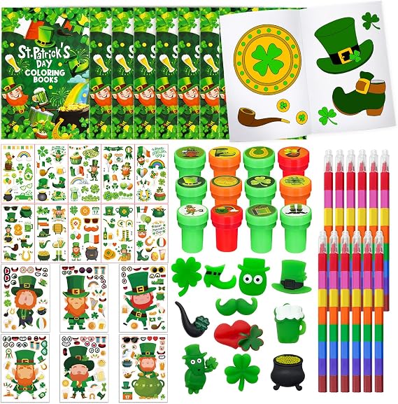 Cinrobiye 72 Pcs St Patricks Day Coloring Book Party Favors Bulk with Crayons, Irish Goodie Bag Fillers Coloring Craft Kit Face Stickers Tattoos Stamps Classroom Games Gifts for School Party