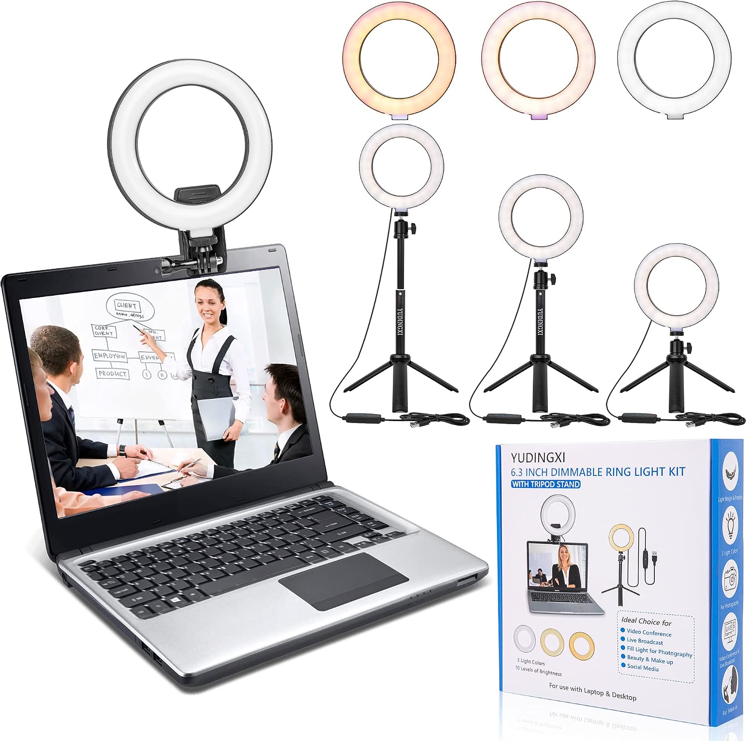 6.3“ Laptop Ring Light Video Conference Lighting Kit,Dimmable Ring Light Kit,Desk Vlogging Ring Light with Tripod Stand,360° Rotation,Lightweight,Protable,for Photos,Video,Selfie,Make up,Online Class