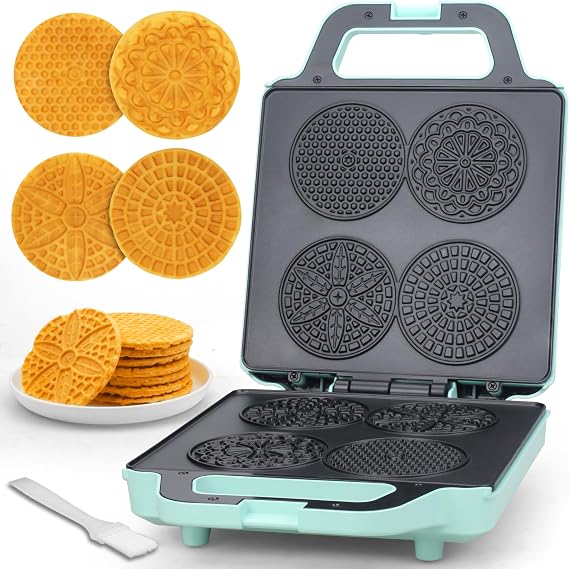 Bakers Friend Pizzelle Maker Electric, 4 X 3.5 Pizzelle Waffle Cookies for Christmas Baking Supplies, Stroopwafel Iron, Cookie Maker Machine with Pattern, Thin Waffle Maker, Aqua