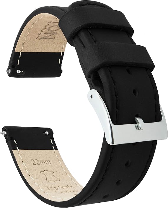 BARTON WATCH BANDS Quick Release Top Grain Leather Watch Band Strap, Black Leather/Black Stitching, 22mm - Long
