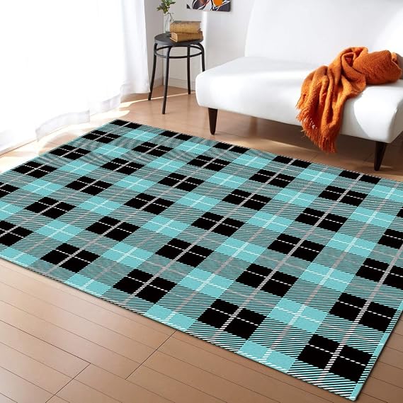 Large Area Rugs 5' x 7' Throw Carpet Floor Cover Nursery Rugs for Children/Kids, Aqua and Black Buffalo Plaid, Modern Kitchen Mat Runner Rugs for Living Room/Bedroom, Checkered