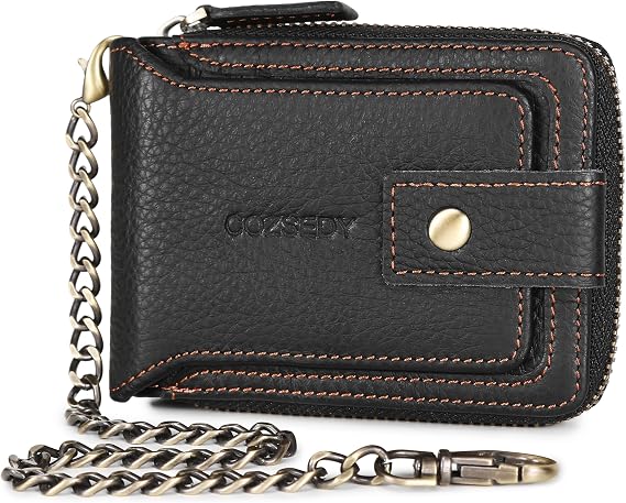 Chain Wallets For Men RFID Blocking Leather Mens Wallet With Zipper, Flap ID Window Zip Coin Pocket Bifold Card Wallets Big Capacity For Travel (Black)