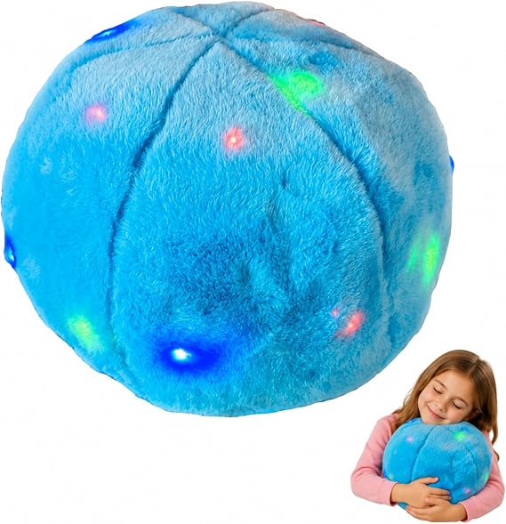 Blue LED Vibrating Cushion, Soft Round Plush Pillow with Colour Changing Lights, Gentle Vibration for Home, Classroom & Cosy Quiet Play, 32cm Diameter x 22cm