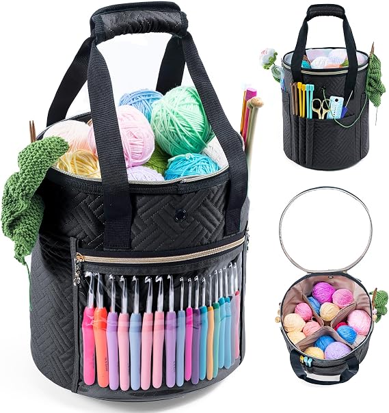MYBAGZING Yarn Bag, Crochet Organizer with Transparent Lid, Storage Bags for Knitting, Beginner's Yarn Holder with Pocket for Accessories