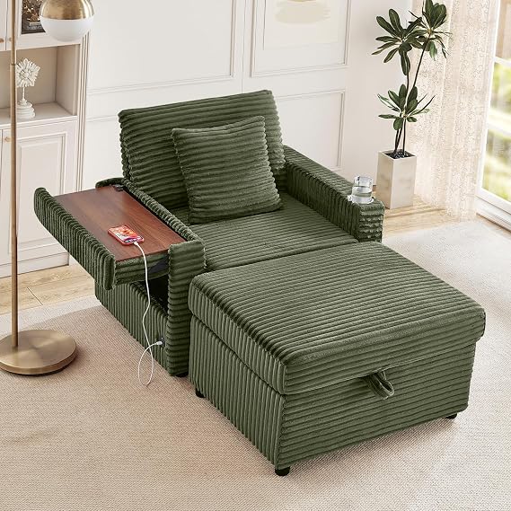 Antetek Single Chair and Ottoman Set, Modern Comfy Corduroy Cloud Fluffy Chaise Lounge Chair with Storage Ottoman & Wooden Side Table & USB Charging Ports for Living Room Bedroom Reading Room, Green
