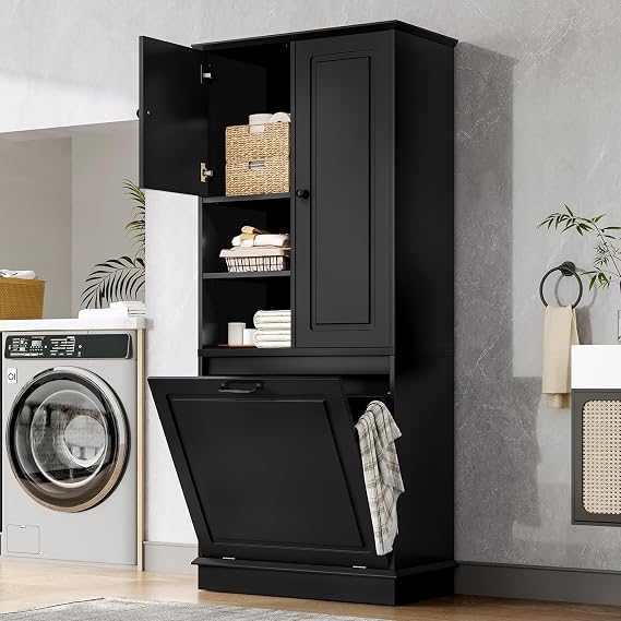 LUMISOL 68" Tall Tilt Out Laundry Hamper, Wood Laundry Cabinet with Hidden Hamper Basket, Freestanding Storage Cabinet with 2 Doors, Adjustable Shelf for Bathroom, Living Room, Kitchen, Black