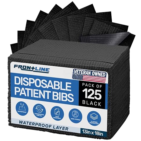 Disposable Dental Bibs 125 Pack, 13"x18", 3 Ply Waterproof Black