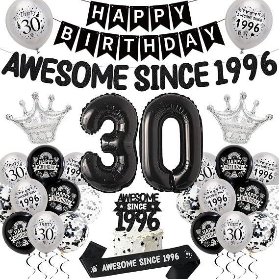 30th Birthday Balloons Decorations for Men Women, Awesome Since 1996