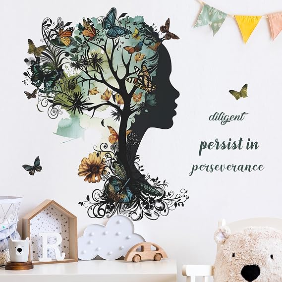 Removable Inspirational Wall Decals Peel and Stick Wall Stickers Art Positive Sayings Sticker DIY Giant Tree Butterfly Wall Decor for Women Girls Bedroom Living Room Sofa Background Decoration