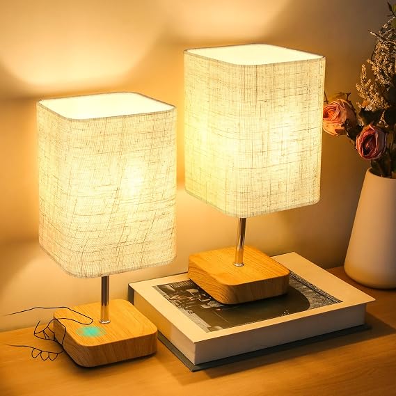 Touch Control Table Lamp Set of 2, Dimmable Touch Control Nightstand Lamps,Small Lamp Wood Base Beige Flaxen Fabric Shade for Bedroom,Living Room,Office,Dimmable Bulb Included [Energy Class F]