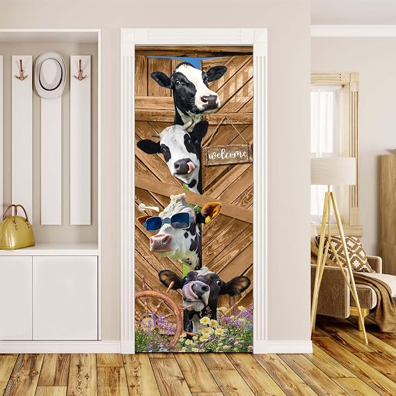 Door Stickers Decals Peel and Stick Removable Wallpaper Funny Cow Decals Cow Print Decor Rustic Farm Animal Sticker Cow Art Vinyl Door Decals for Living Room Kitchen Home Farmhouse Decor,30.3" x 78.7"