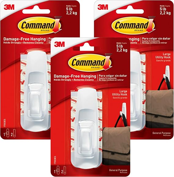 Command Large Utility Hooks, 3 Hooks and 6 Strips, Removable Damage-Free 5 lb Multi-Surface Adhesive Wall Hooks for Hanging, No Tools Required, White