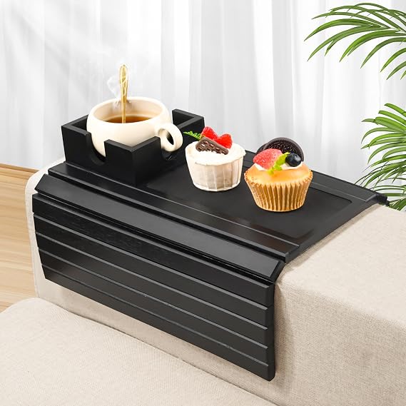 Joy&Grace Sofa Armrest Tray with Large Mug Holder, Bamboo Couch Arm Tray, Anti-Slip Couch Cup Holder Foldable Sofa Arm Table for Eating Drinks Cellphone (Color Black)