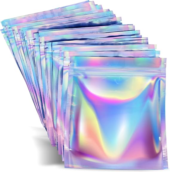 Prestee Small Mylar Bags 3x4-100 Pieces Holographic Resealable Food Storage, Smell Proof, Ideal for Candy, Coffee, and Small Business Packaging - Durable, Transparent and Square Sealable Bags