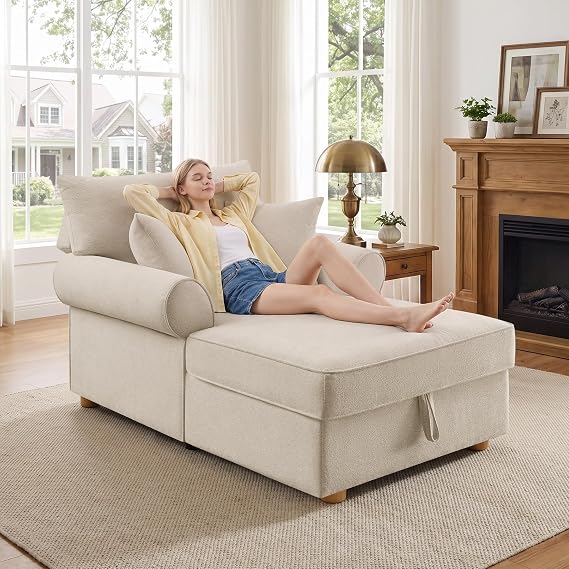 VANOMi 63.78" Oversized Chaise Lounge Chair with Storage, Chenille Beige