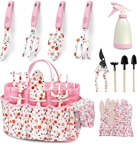 MQFORU Gardening Tools, 11 Piece Heavy Duty Garden Tools Set, New Full Set of Printed Garden Tools with Stylish Garden Tool Bag, Gardening Gifts for Women & Men