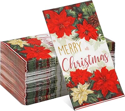 100 Pcs Christmas Poinsettia Napkins Red Green Buffalo Plaid Bordered Poinsettia Disposable Paper Dinner Napkins Merry Christmas Holly and Berry Hand Towels for Home Kitchen Christmas Party Supplies