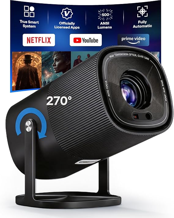 Built-in Officially-Licensed Apps & 500 ANSI Lumens & Full AutomaticBoldEver 2026 Upgraded Mini Smart Projector with WiFi 6 and Bluetooth, 270 Adjustable Stand, Movie Projector Indoors Outdoors