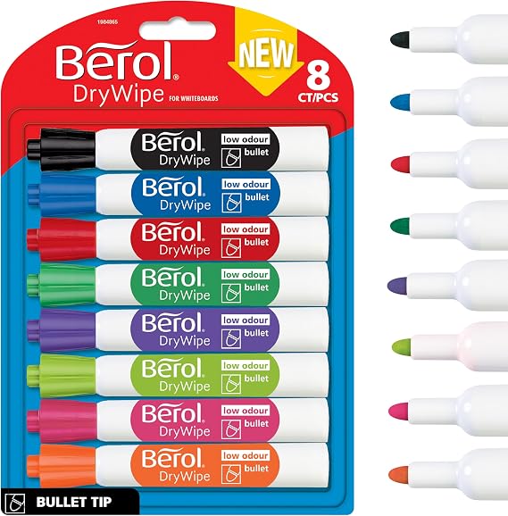 Berol Dry Wipe Bullet Tip Whiteboard Marker - Assorted Colours (Pack of 8)