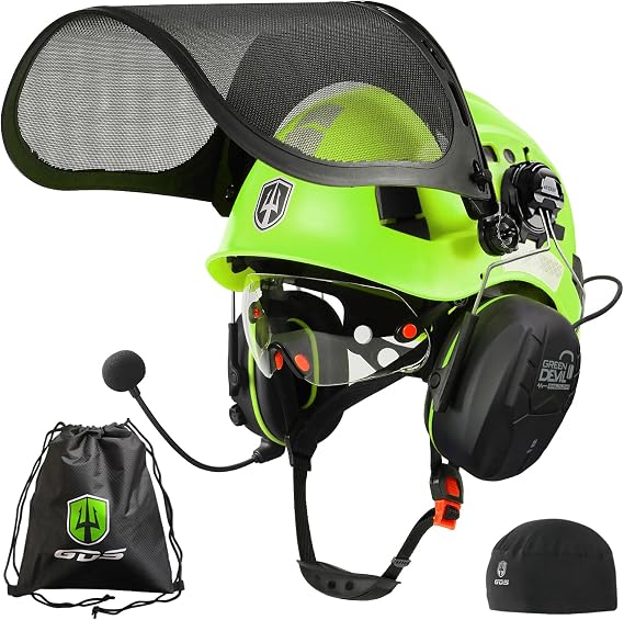 GREEN DEVIL Forestry Chainsaw Safety Helmet with Bluetooth Ear Muffs Arborist Helmet Hard Hat with Built-in Visor Mesh Face Shield 5 in 1 System Logging Garden Work Hardhats for Men Women