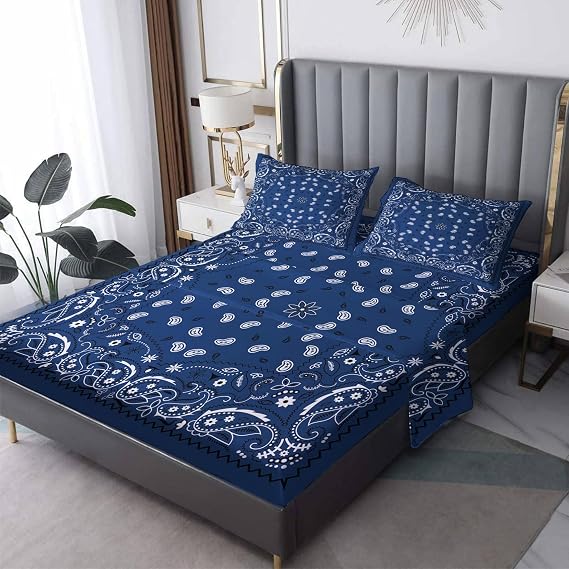Blue Bandana Sheets King Size Bed, Paisley Pattern Bedding Sheets & Pillowcases - 12 Inch Deep Pocket, Soft Microfiber Sheet Set 4 Piece, Bandana Bedroom & Room Decor