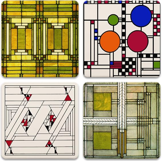 CoasterStone AS305 Absorbent Stone Coasters, Frank Lloyd Wright,#34;Art Glass Designs", Multi-Colored