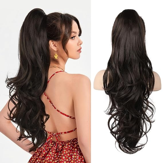 Flufymooz 26" Ponytail Extension, Long Wavy Curly Claw Clip in Ponytail Hair Extensions, Natural Synthetic Hairpiece for Women Daily Wear(Black Brown)