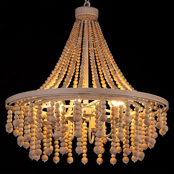 TOCHIC Wood Bead Chandelier 26.8", 6-Light Boho Chandeliers Light Fixture
