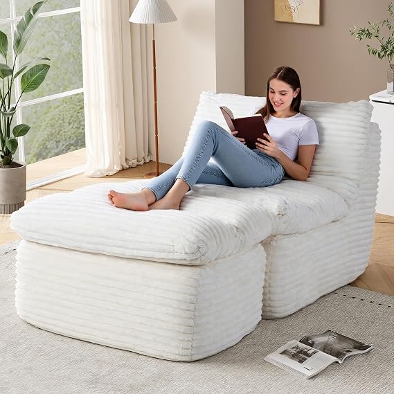 COLAMY Bean Bag Chair with Ottoman, No-Assembly-Required Lazy Floor Sofa Bed, Comfy Back Support Chaise Lounge Chair, Single Sofa Chair for Living Room Bedroom Office Apartment, Beige
