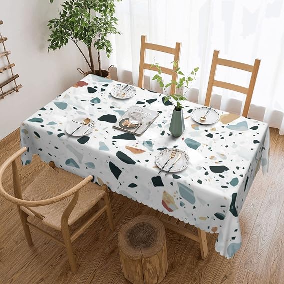 Lace Rectangular Tablecloth 183x137 Cm - White Terrazzo Printed Washable Table Cloth Waterproof Wrinkle Free Table Decoration Table Cover
