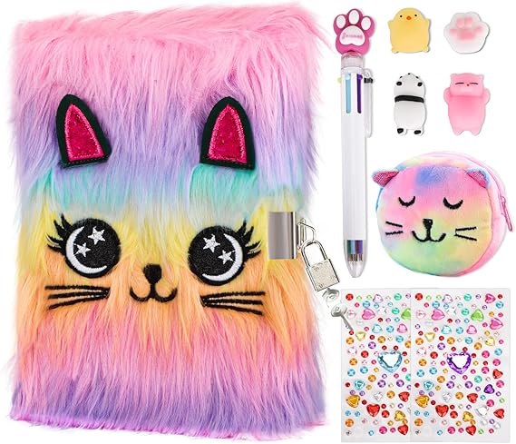 HOMICOZY Cat Diary with Lock and Keys for Girls,Plush Secret Journal for Kids with 160 Lined Pages,Hardcover Fluffy Locking Notebook for Writing and Drawing,Cute Fuzzy Stationary Gifts for Girls Ages
