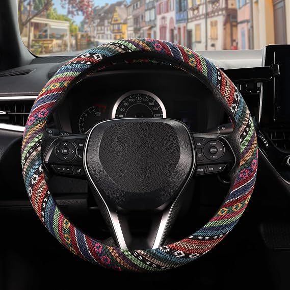 SEG Direct Boho Steering Wheel Cover, Baja Blanket Cloth, Coarse Flax | Bohemian Car Decor, Ethnic Style, Coarse Flax, Fabric Cover Fits 14 1/2-15 1/4 inches Standard Medium Size, for Women Men