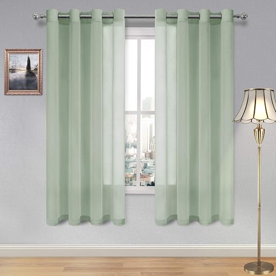 DWCN Sheer Curtains for Living Room Bedroom - Faux Linen Look Voile Drapes Grommet Top Window Curtain Panel 52 x 72 Inches Long, Bean Green, Set of 2 Panels