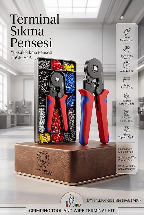 Transformacion Terminal Sıkma Pensesi + Yüksük Sıkma Pensesi 1200 Parça Kablo Pabucu Seti HSC8 6-4A 722484