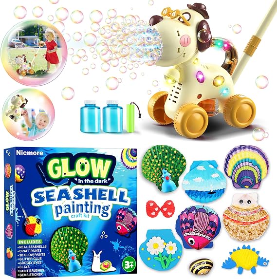 Nicmore Automatic Bubble Machine for Toddlers Bundle with Kids Sea Shell Art & Crafts