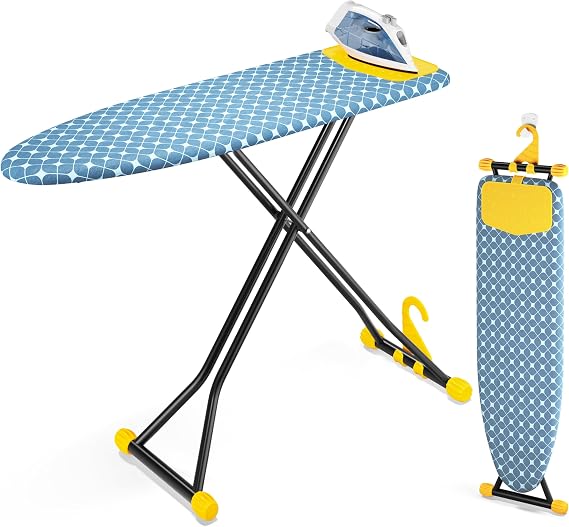KINGBOARD Ironing Board, Compact Iron Board with Silicon Iron Mat, Heat Resistant Cover, 7 Height Adjustable, Foldable Ironing Board Wall Mount Hanger, 13x43 Yellow