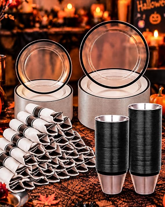 BESTVIP 350 Pcs Clear Black Plastic Dinnerware Set for 50 Guests