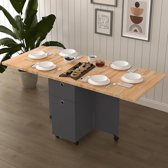 ASRA TREND Koyu Gri - Çam Desen KM-24 Katlanır Tekerlekli Yemek Masası 160 cm 6 Kişilik Çekmeceli Dolaplı Akıllı Mutfak Masası%100 MDFLAM