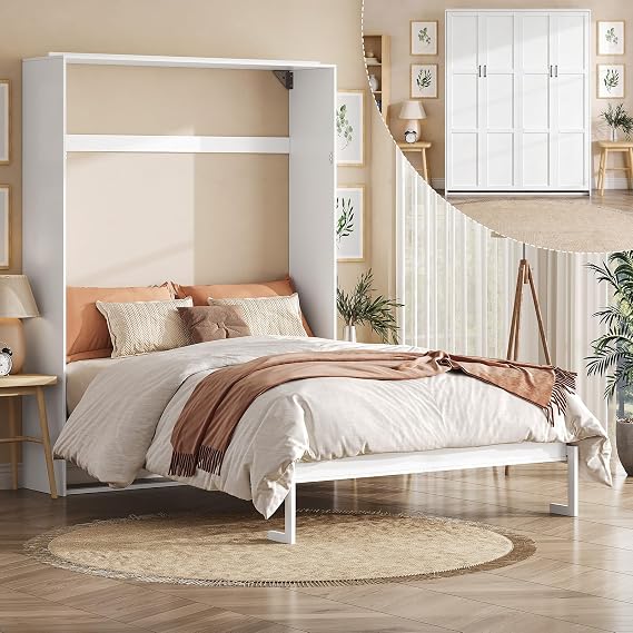 Full Size Murphy Bed, Wall Murphy Bed with Headboard, White