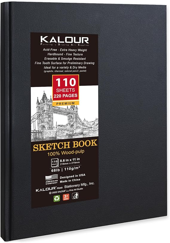 Kalour Hardcover Sketch Book,8-1/2 inch x 11 inch, 110-Sheets (68lb/110gsm),Acid Free Art Sketchbook, Artistic Drawing Painting Writing Paper for Adults Beginners Artists