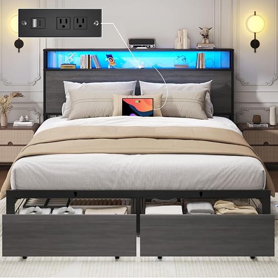 Queen Bed Frame with Charging Station, LED Lights, 2 Drawers, Rustic Grey