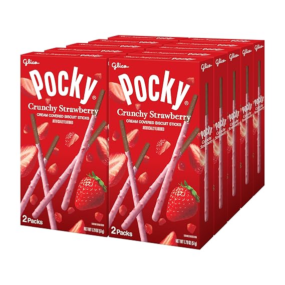 Pocky Crunchy Strawberry Biscuit Sticks Strawberry-Coated Snack with Real Flakes, 10-Pack