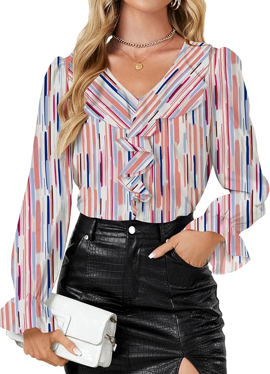 Rooscier Women's Ruffle V Neck Dressy Blouse | Flounce Long Sleeve Elegant Shirt Top