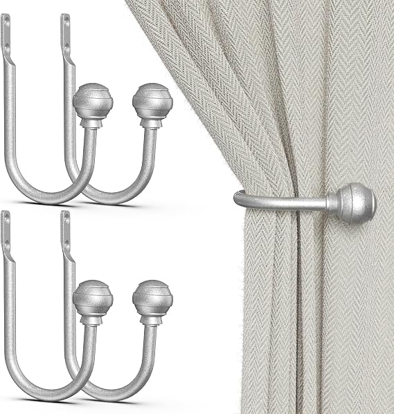 Hion Curtain Holdbacks Silver 4pcs, Curtain Tiebacks Wall Mounted Curtain Hooks Holders for Drapes
