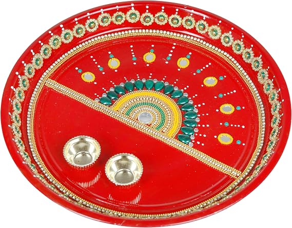 Handcrafted Pooja Thali Platter Engagement Plate Decorative Stainless Steel Thali with Essential Pooja Article for Indian Traditional Karwachauth Navratri Festival Puja Item Decoration(Size-10")(Red)