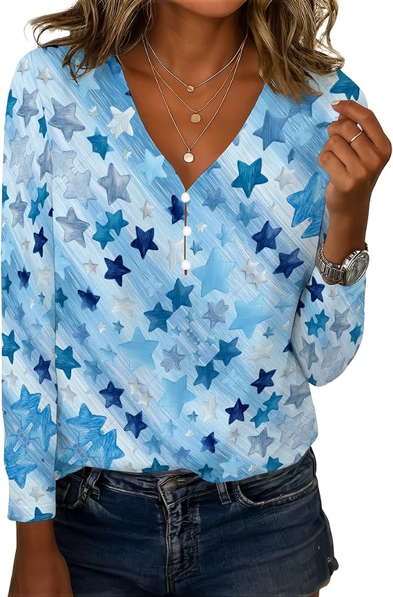 Womens Boho Tops Spring Summer Long Sleeve Shirts V Neck Floral Print Basic Casual Loose Fit Tunic Blouses Style-13 3XL