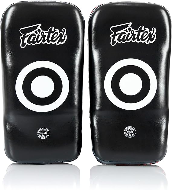 Fairtex Curved Muay Thai Pads, Kickboxing Punching Kicking Striking Shield | Handcrafted cowhide leather with thick foam. Dual forearm support straps assist trainer holding during self-defense drills.